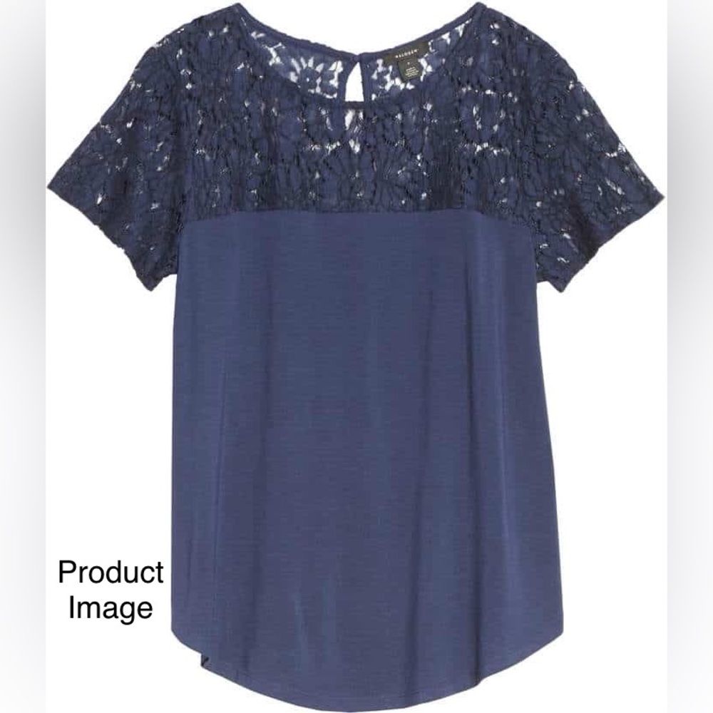 NWT Halogen Floral Lace Yoke Top Jewel Neck Short Sleeve Curved Hem